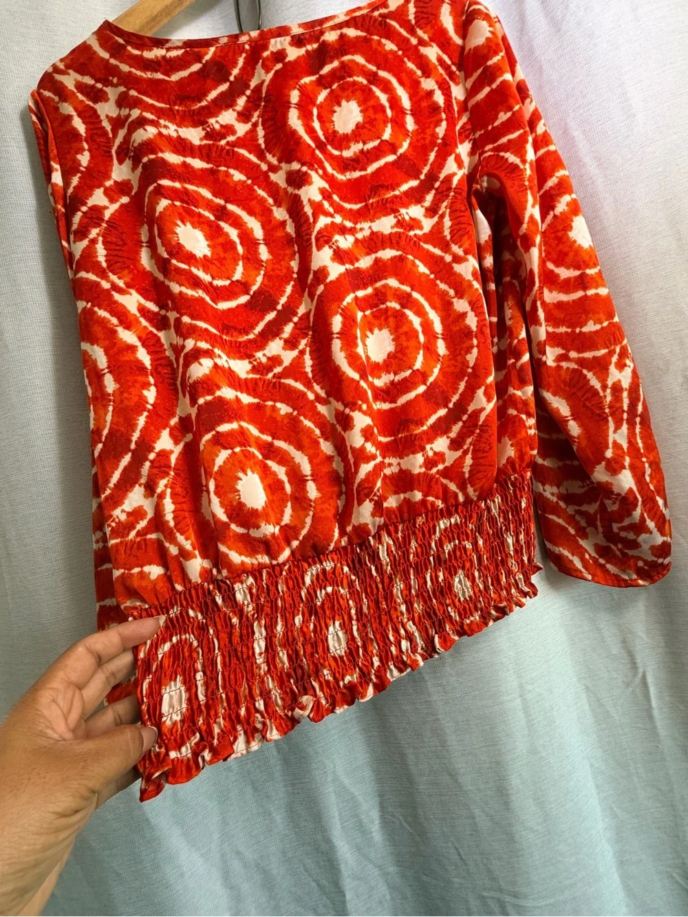 Michael Kors Orange Tie-Dye Circle Print Smocked Hem Blouse